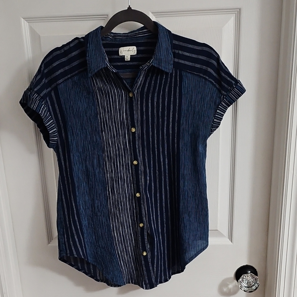 Wonderly Navy and Light Blue Striped Shirt 100% Cotton - Picture 2 of 11